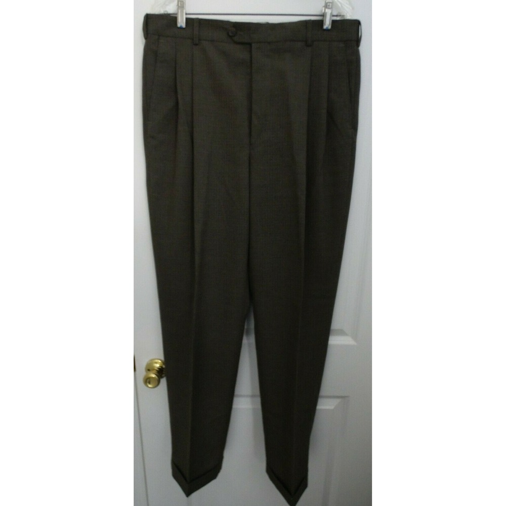 Chaps Mens Brown Houndstooth Pleated Front Button Dress Pants Size W36 L32